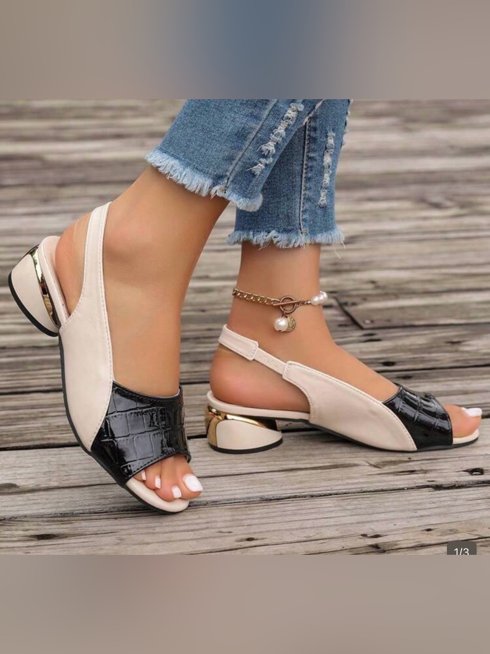 Cream and Black Two-Tone Slingback Heels with Gold Accent
